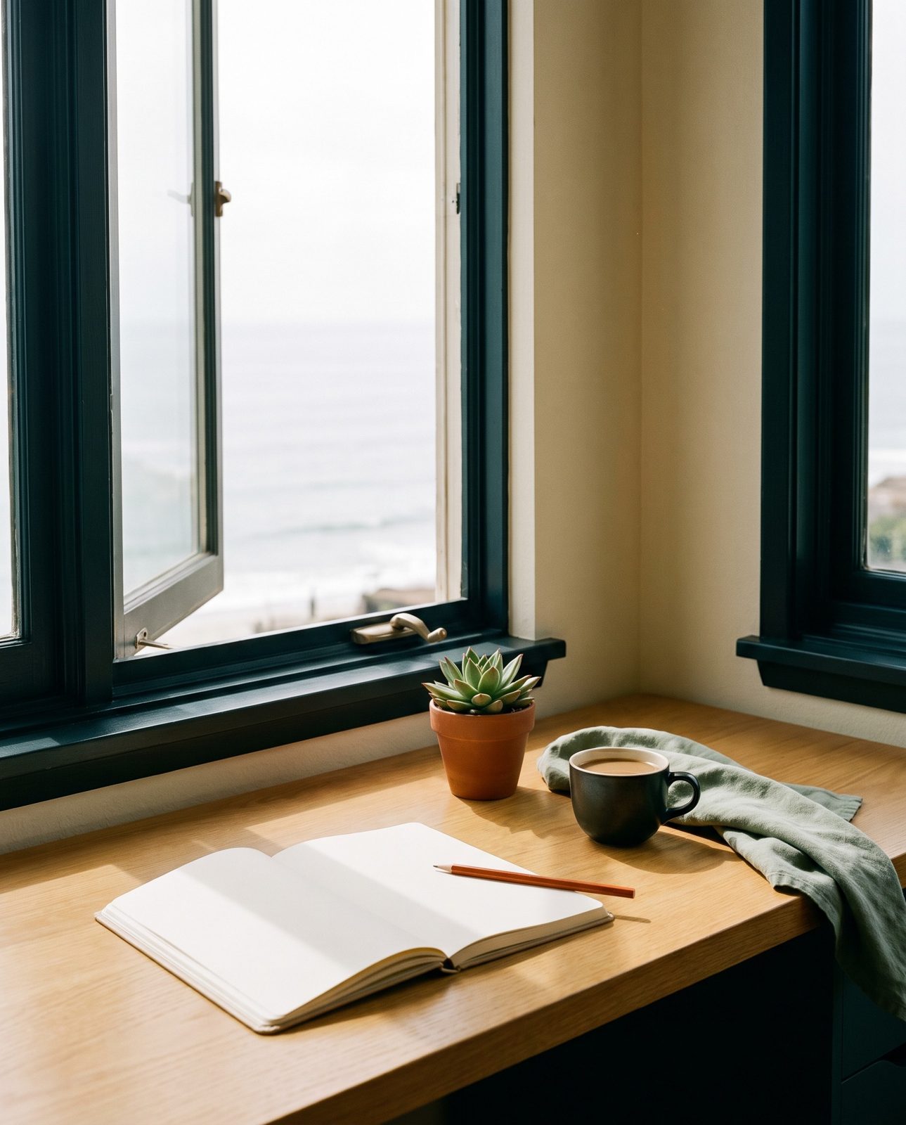 A notepad and coffee on a desk by an open window
