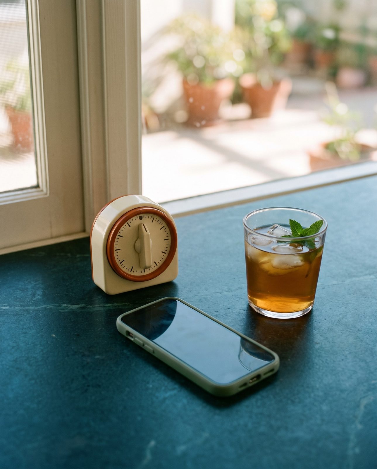 A kitchen timer, a phone and a glass of iced tea