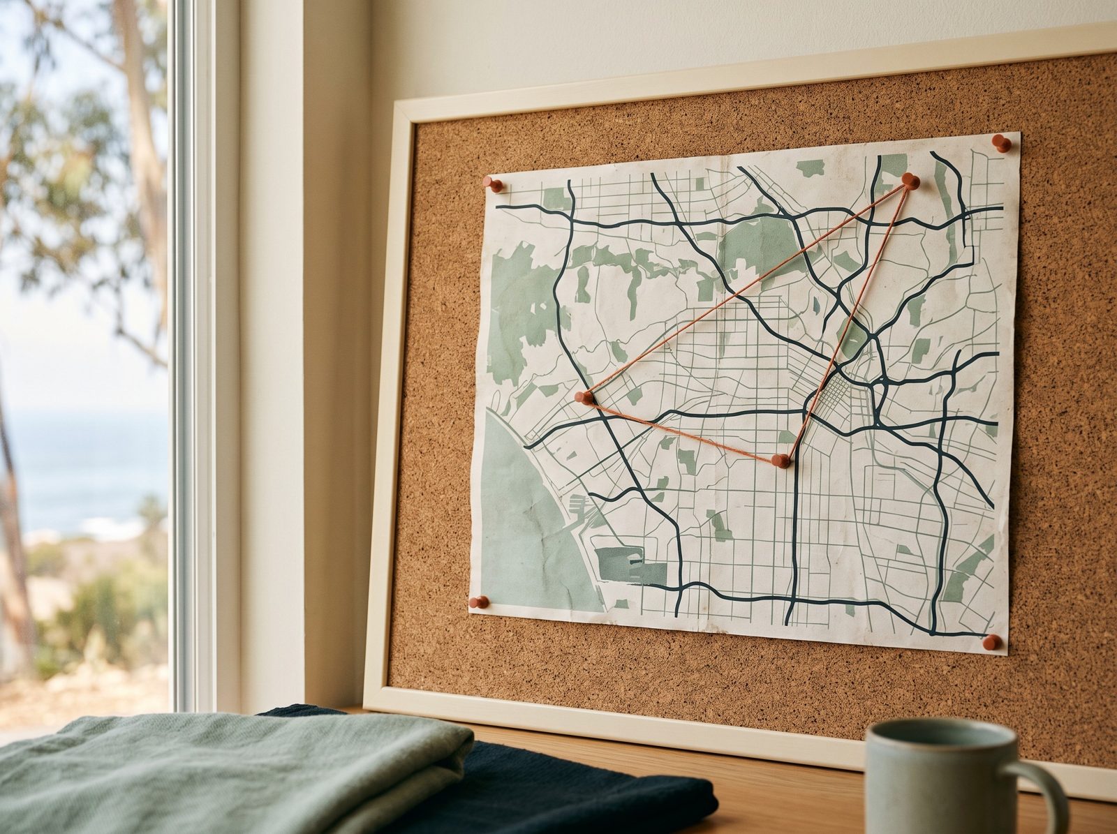 A town map pinned to a cork board