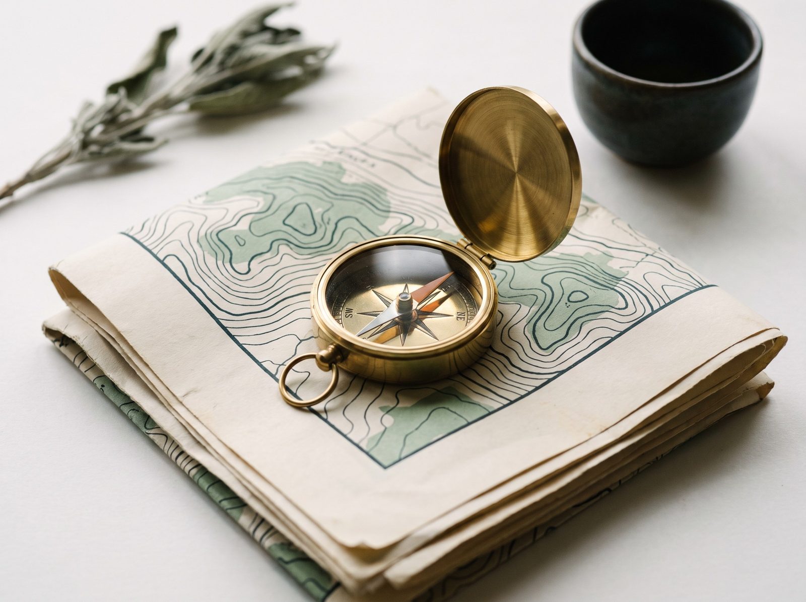 A brass compass on a folded map