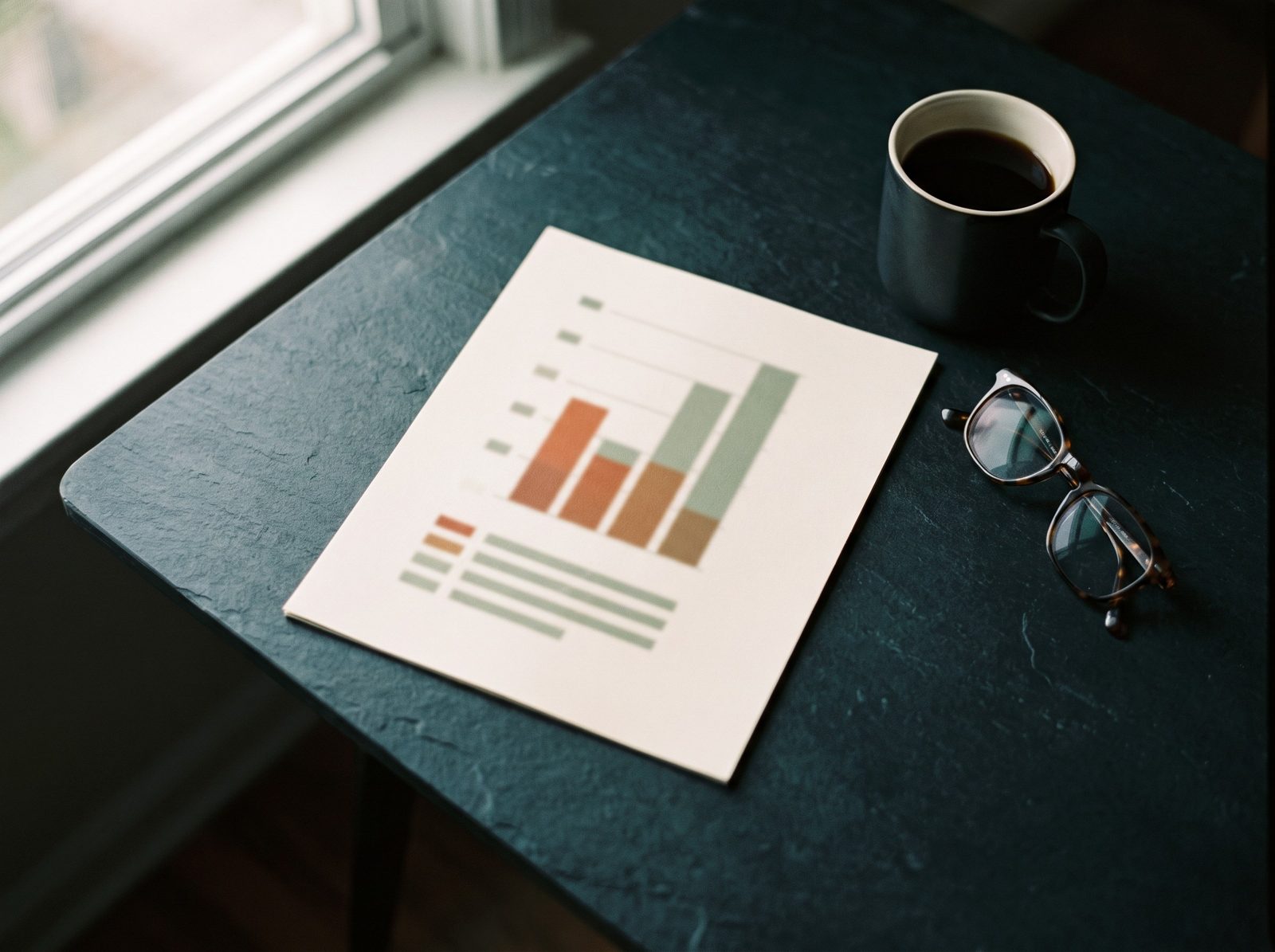A printed report and a cup of coffee