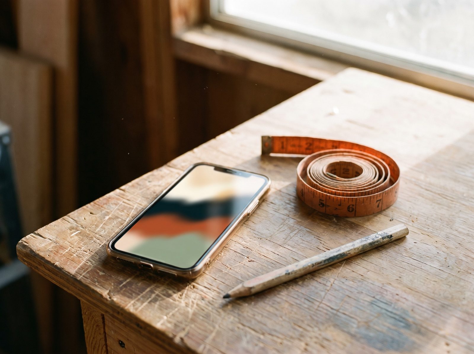 A phone on a workbench next to a tape measure