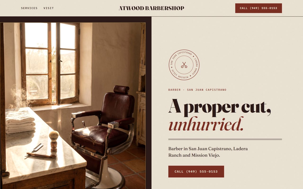 Sample barbershop website for a made-up business, Atwood Barbershop