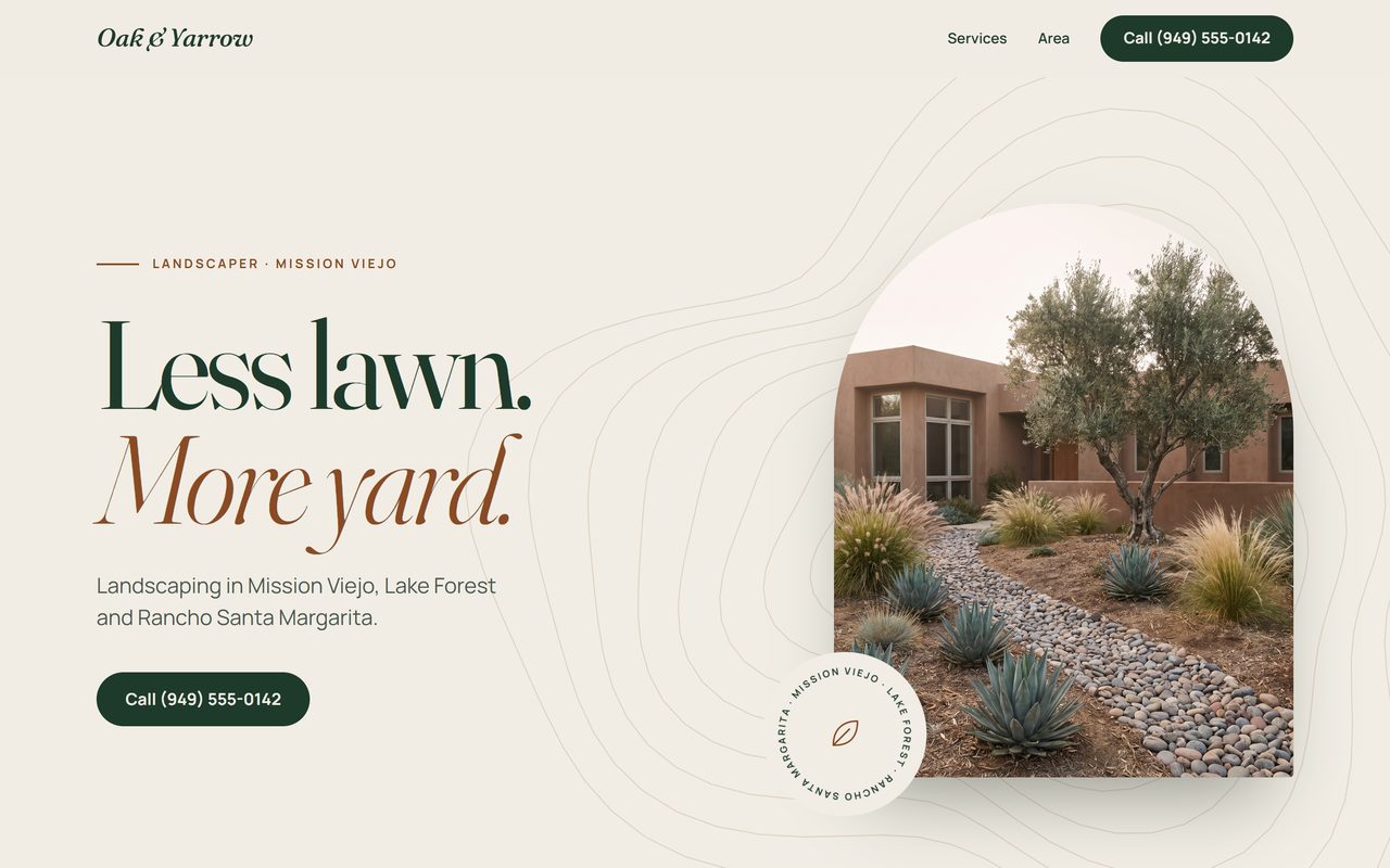 Sample landscaping website for a made-up business, Oak & Yarrow