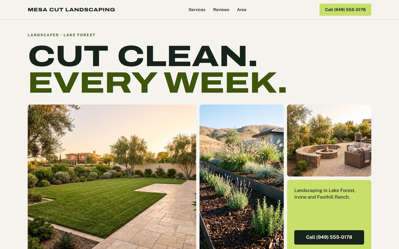 Sample landscaping website for a made-up business, Mesa Cut Landscaping