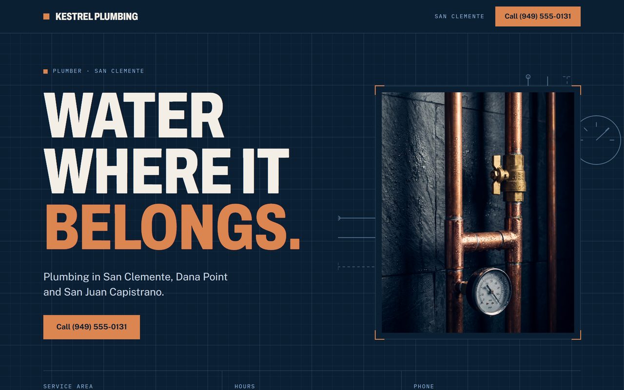 Sample plumbing website for a made-up business, Kestrel Plumbing
